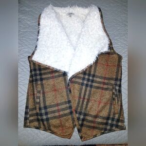 JODIFL Brown Plaid Vest with Fuax Fur Lining Sz S EUC